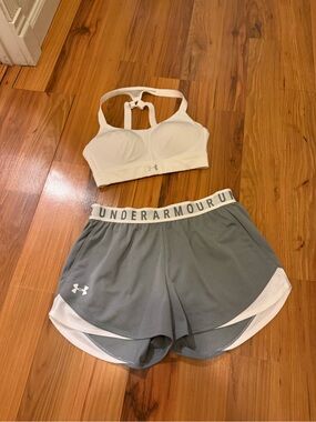 Under Armour White Sports Bra with Gray Athletic Shorts Size S